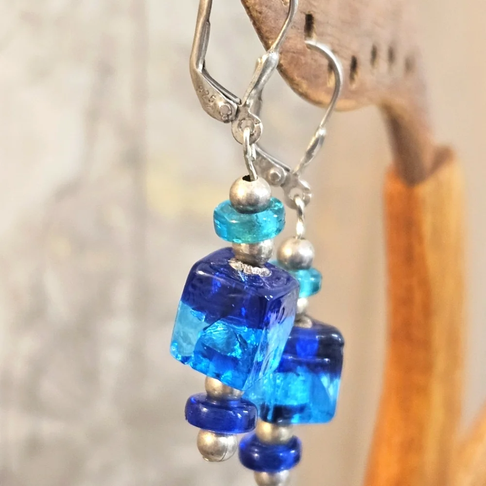 Glass Turquoise & Teal Beads Sterling Silver Dangle Lever Back Earrings